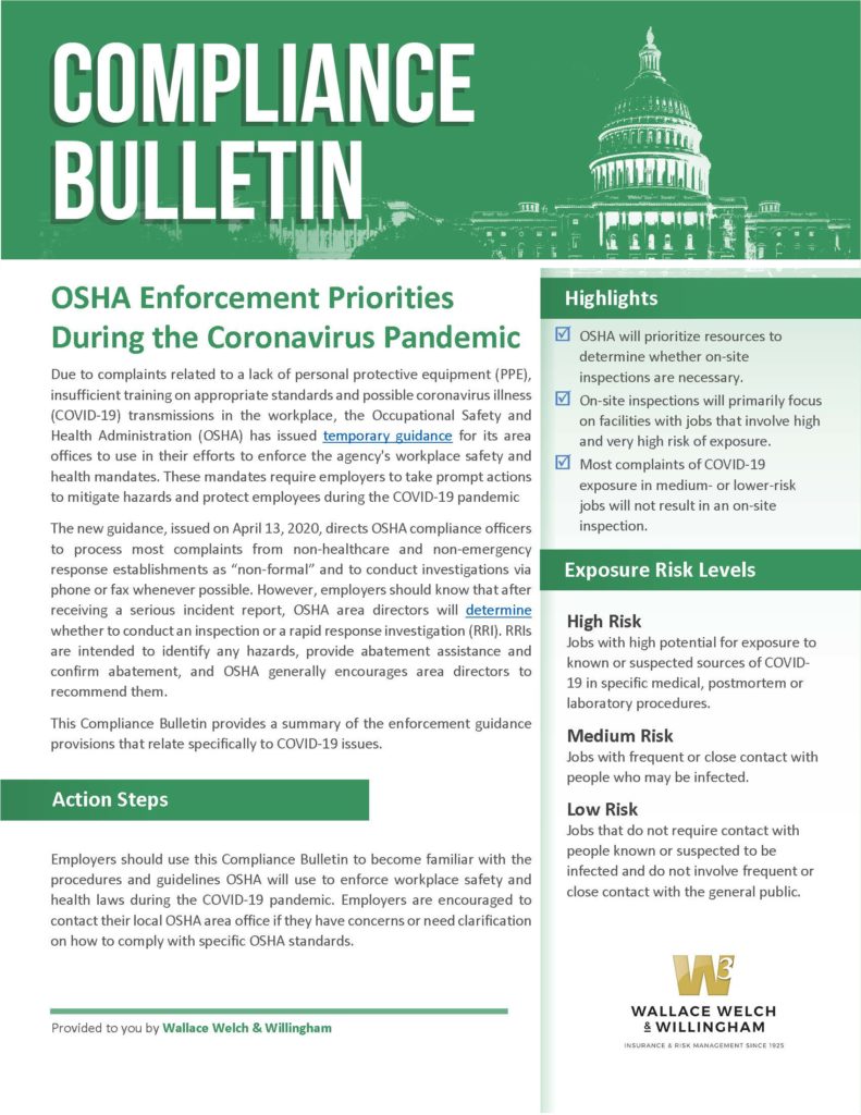 Compliance Bulletin: OSHA Enforcement Priorities During the Coronavirus Pandemic