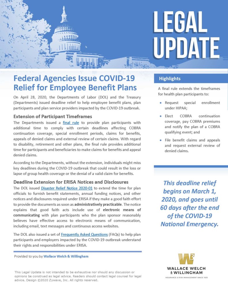 Legal Update: Federal Agencies Issue COVID 19 Relief for Employee Benefit Plans
