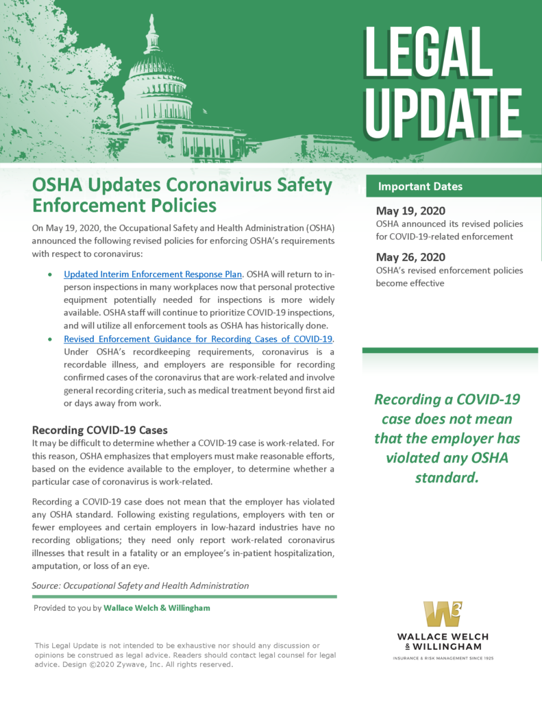 Legal Update - OSHA Updates Coronavirus Safety Enforcement Policies
