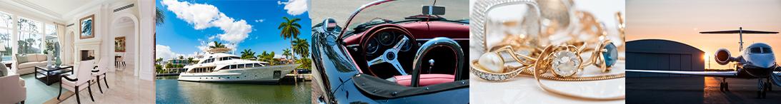 Several images depicting luxury assets including a luxury home interior, luxury yacht, collectible automobile, jewelry and a private passenger jet.